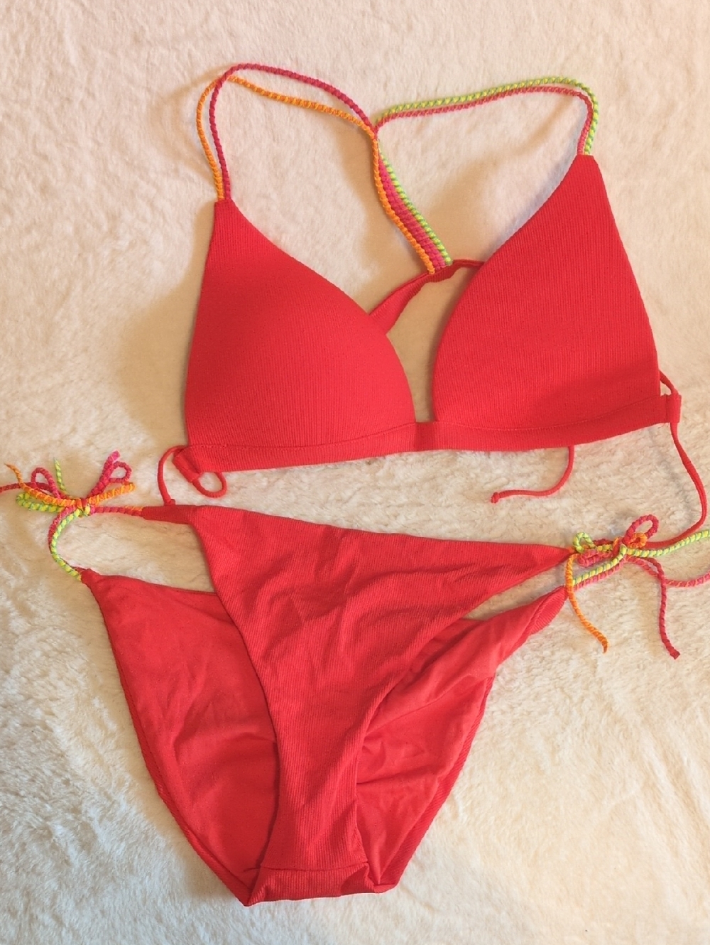 Calzedonia Red Triangle Bikini Set with Multicolor Braided Straps